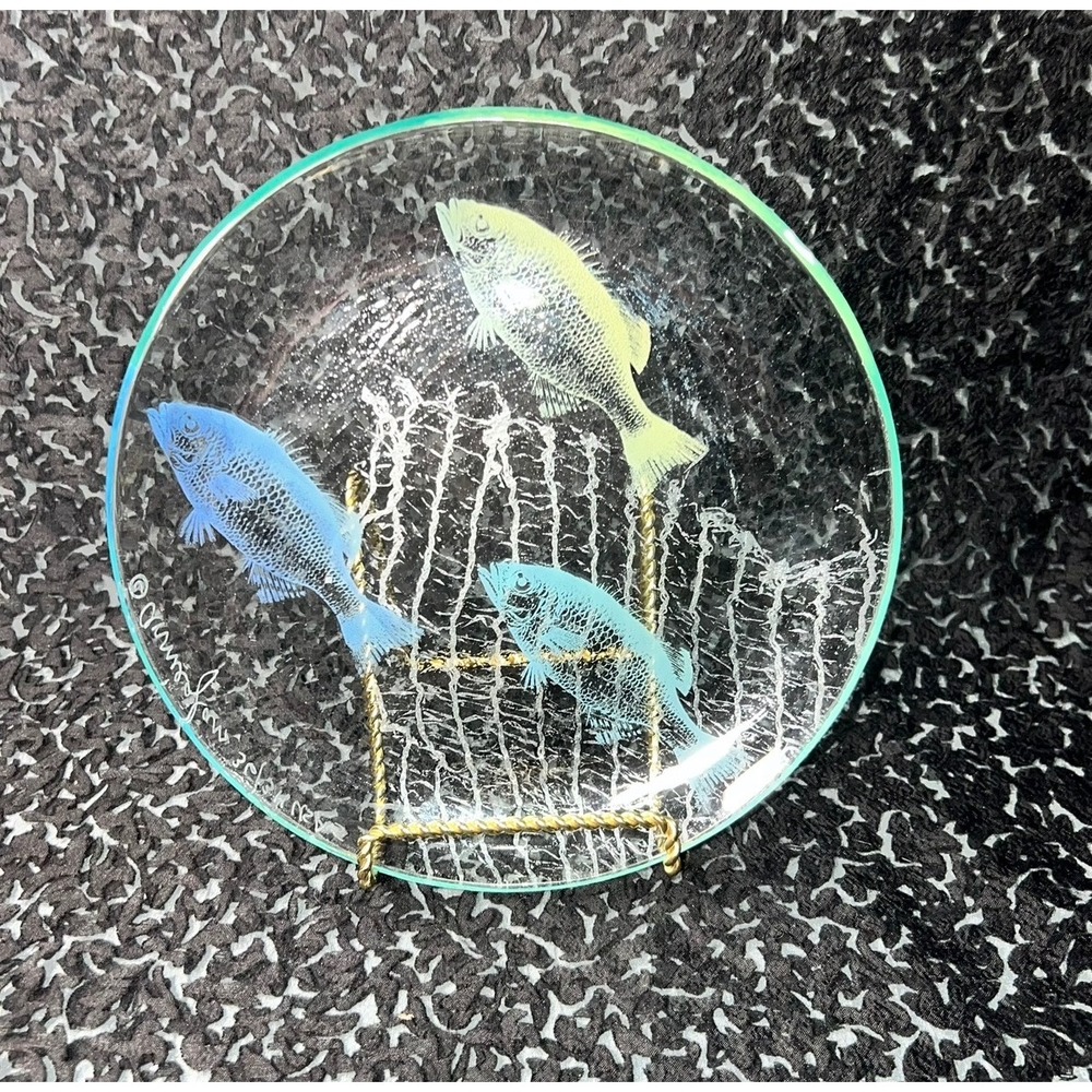 Annieglass Fish Net Art Glass Plate Signed Numbered 36/311 Blue Yellow 8.25in